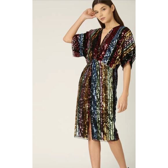 MNG Mango Multicolored Sequin Sheath Kimono Sleeve Party Cocktail Dress NWT - Picture 2 of 16